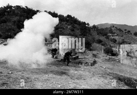 Les membres du 1st Bataillon, 21st infanterie, 25th Division d'infanterie, assailent un complexe de moch-up nord-coréen pendant l'équipe d'entraînement conjointe sud-coréenne/États-Unis SPIRIT '82. Objet opération/série: TEAM SPIRIT '82 base: Geon Cha pays: République de Corée (KOR) Banque D'Images