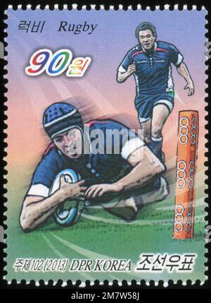 2013 jeu de timbres de la Corée du Nord. Sports. Rugby Banque D'Images