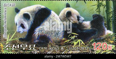 2012 jeu de timbres de la Corée du Nord. Panda géante, Ailuropoda melanoleuca Banque D'Images