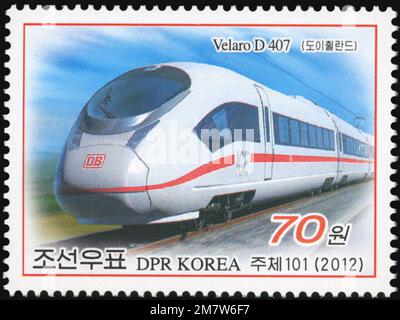 2012 jeu de timbres de la Corée du Nord. Locomotives. Allemand Velaro D. Banque D'Images