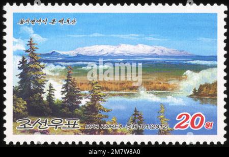 2012 jeu de timbres de la Corée du Nord. Mont Paektu. Banque D'Images