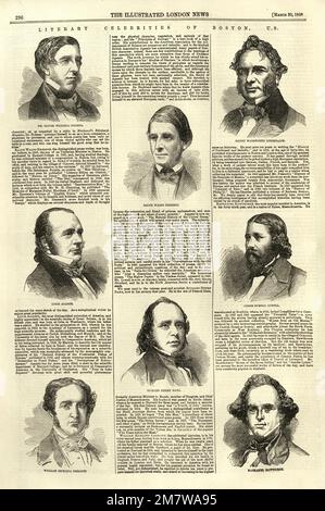 Illustration vintage célébrités littéraires de Boston USA, Oliver Wendell Holmes, Ralph Waldo Emerson, Henry Wadsworth Longfellow, Louis Agassiz, James Russell Lowell, William Hickling Prescott, Richard Henry Dana, Nathaniel Hawthorne, 1850s, 19th siècle Banque D'Images