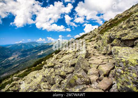 Sentier de randonnée en pierre sur la crête de la colline dans les montagnes des basses Tatras en Slovaquie Banque D'Images