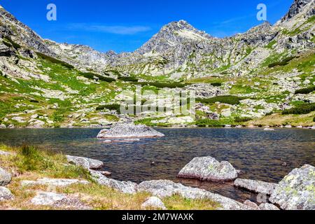 Magnifique paysage alpin avec lac et montagnes. Le Tarn et le pic dans les montagnes des Hautes Tatras, Slovaquie Banque D'Images