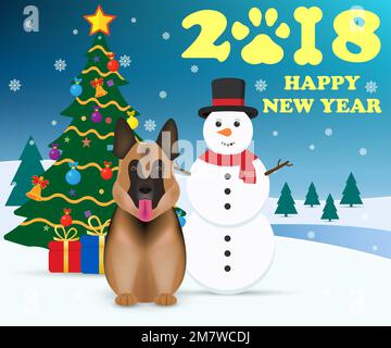 Nouveau concept 2018 ans heureux. Le chien est symbole du zodiaque chinois du nouvel an 2018 et Snowman. Arbre de Noël avec cadeaux. Illustration vectorielle. SPE 10. Illustration de Vecteur
