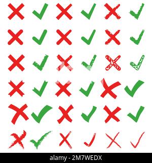 Jeu d'illustrations vectorielles croix rouge et coche verte. Marquer X et V ensemble d'icônes plates. Illustration de Vecteur