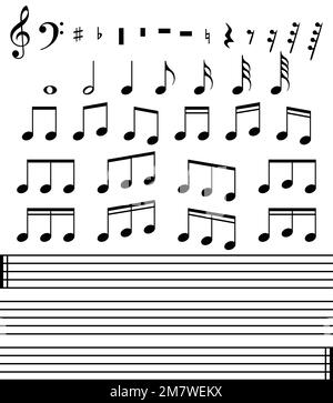 Ensemble de nombreuses notes et symboles noirs. Collection symbole musical. Notes de musique isolées sur fond blanc. Illustration vectorielle. SPE 10. Illustration de Vecteur