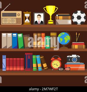 Étagère. Librairie intérieure. Étagères avec différents ensembles de livres. Intérieur de la bibliothèque. Lecture et apprentissage, connaissance et éducation.isolé sur b Illustration de Vecteur