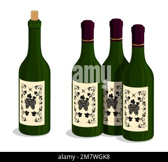 Jeu de bouteilles de verre vert avec vin rouge cher. Stockage et vieillissement des produits alcoolisés dans un entrepôt, dans une cave à vin. Vecteur de dessin animé isolé sur W Illustration de Vecteur