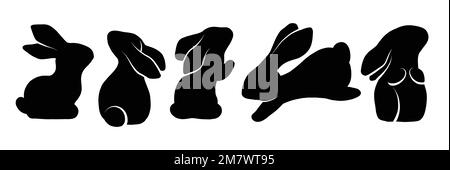 Ensemble vectoriel de silhouettes noires de lapins dans diverses poses. Ombres de lièvres isolées de l'arrière-plan. Animaux pour logos, icônes et cartes Illustration de Vecteur