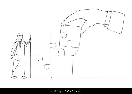 Dessin d'une main géante reliant le dernier puzzle à un travailleur arabe de bureau. Métaphore pour le renforcement d'équipe, le leadership, le travail d'équipe, le partenaire d'affaires. Lin. Simple Illustration de Vecteur