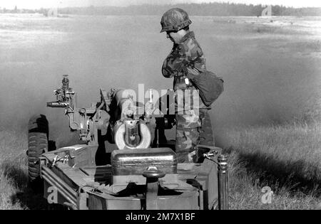 Un membre de l'Artillerie de la Division 9th tire une ronde de munitions d'un obusier de M102 105 mm lors d'un exercice d'incendie réel. Base: Fort Lewis État: Washington (WA) pays: Etats-Unis d'Amérique (USA) Banque D'Images