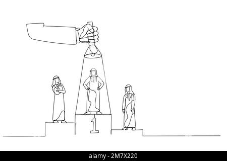 Caricature d'homme d'affaires arabe sur le podium, dont l'un est illuminé par une grande main du haut à l'aide d'une lampe de poche. Style de dessin au trait continu unique Illustration de Vecteur