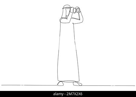 Dessin animé d'un homme d'affaires arabe regardant à travers Binocular. Concept d'orientation professionnelle ou d'accomplissement de travail. Dessin au trait continu Illustration de Vecteur