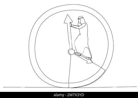 Caricature de l'homme d'affaires arabe debout à l'heure de l'horloge parvient à repousser la minute. Revenir à la métaphore de l'heure. Style de dessin au trait continu unique Illustration de Vecteur