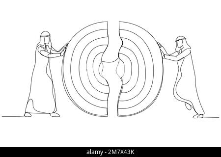 Illustration des hommes d'affaires arabes qui poussent ensemble des pièces d'une grande cible. Métaphore pour le travail d'équipe d'entreprise. Style de dessin au trait continu unique Illustration de Vecteur