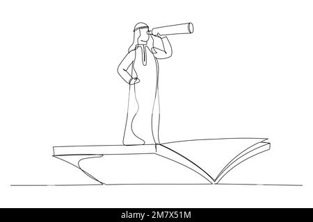 Dessin d'un homme d'affaires arabe utilisant un télescope sur un livre de vol. Connaissances, références, opportunités, vision en affaires. Style art sur une seule ligne Illustration de Vecteur