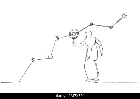 Illustration du marketing de femme d'affaires musulmane tenant une loupe analyse graphique et graphique des données client. Illustration de ligne continue unique Illustration de Vecteur