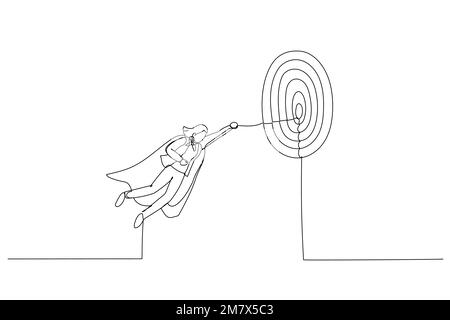 Dessin d'une femme d'affaires super-héros volant rapidement à travers la cible d'affaires. Métaphore pour la réalisation d'objectifs, le défi ou la mission. Ligne unique continue ar Illustration de Vecteur