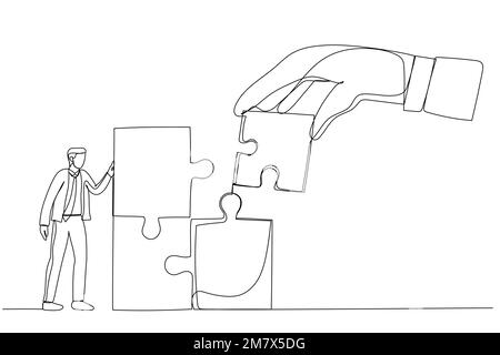 Dessin d'une main géante reliant le dernier puzzle à un homme d'affaires de bureau. Métaphore pour le renforcement d'équipe, le leadership, le travail d'équipe, le partenaire d'affaires. Péché Illustration de Vecteur