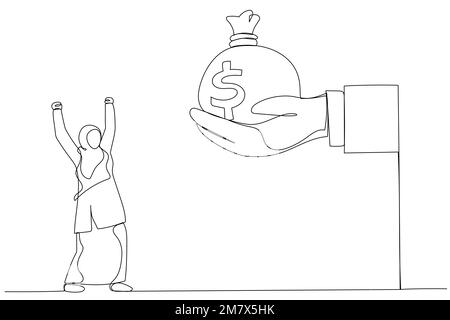 Dessin animé de la main de patron géant donnant une pile de pièces de monnaie à la femme musulmane. Métaphore de l'argent de bonus, salaire ou augmentation de revenu. Une ligne d'art continue s Illustration de Vecteur