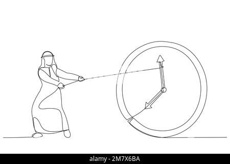 Dessin d'un homme d'affaires arabe essayant de ralentir et de mettre fin aux temps. Métaphore de l'heure d'arrêt. Style art sur une seule ligne Illustration de Vecteur