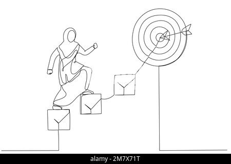 Dessin d'une femme d'affaires musulmane intelligente monter la liste de contrôle comme un escalier pour atteindre la cible. Métaphore du plan de développement personnel pour le succès de carrière. Con Illustration de Vecteur