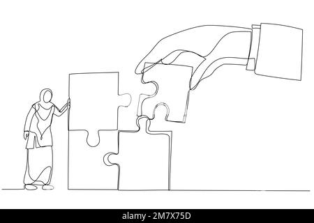 Dessin animé d'une main géante reliant le dernier puzzle à une femme d'affaires arabe de bureau. Métaphore pour le renforcement de l'équipe, le leadership, le travail d'équipe. Un art en ligne s Illustration de Vecteur