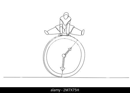 Dessin animé d'une femme d'affaires musulmane, employée de sauter dans le temps passant l'horloge. Concept d'efficacité du délai d'exécution ou du temps de travail. Simple, continu Illustration de Vecteur