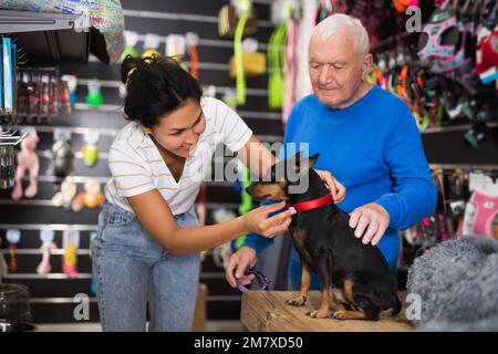 Femme choisissant le collier pour son chien dans la boutique d'animaux de compagnie Banque D'Images