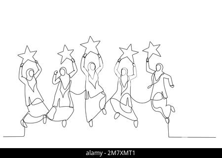 Dessin d'une femme musulmane sautant et tenant des étoiles de revue d'or. Métaphore de la notation d'entreprise. Illustration de ligne continue unique Illustration de Vecteur