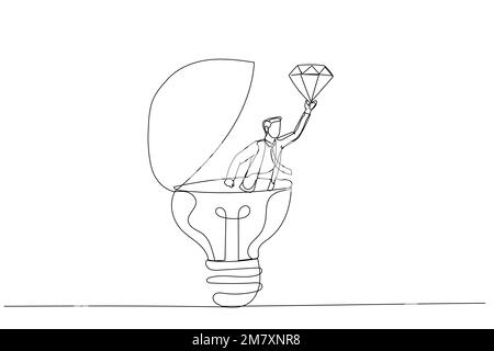 Dessin d'homme d'affaires découvrez un diamant précieux et inestimable de l'idée d'une ampoule lumineuse. Valeur commerciale. Illustration de ligne continue unique Illustration de Vecteur