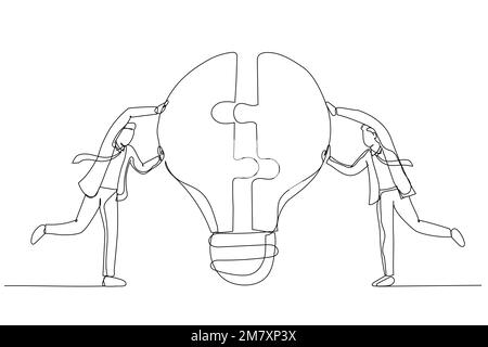 Dessin de l'homme d'affaires membres de l'équipe partenaire connecter ampoule puzzle puzzle puzzle puzzle puzzle ensemble. Travail d'équipe ou partenariat. Style de dessin au trait continu unique Illustration de Vecteur