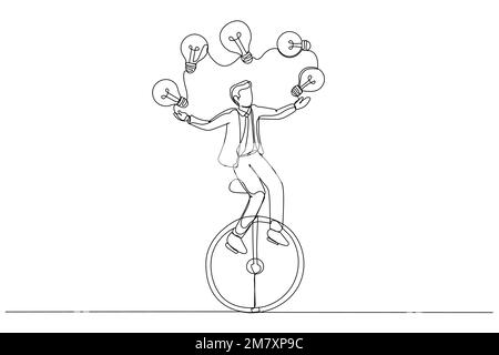 Dessin d'un homme d'affaires portant une lampe à ampoule de jonglage à monocycle. Beaucoup d'idées. Style de dessin au trait continu unique Illustration de Vecteur