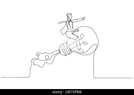 Dessin animé d'un homme d'affaires qui pilote une ampoule lumineuse volant avec un booster de fusée dans le ciel nuageux. Une nouvelle idée créative. Un style d'art sur une ligne Illustration de Vecteur