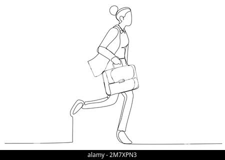 Dessin d'une femme d'affaires avec costume court à son bureau à l'heure de pointe portant une mallette. Style de dessin au trait continu unique Illustration de Vecteur