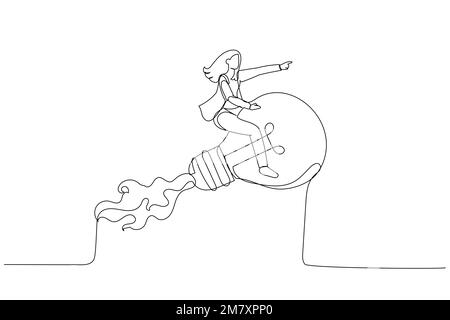 Dessin animé d'une femme d'affaires à bord d'une lampe à ampoule lumineuse volant avec booster de fusée dans le ciel nuageux. Une nouvelle idée créative. Style art sur une seule ligne Illustration de Vecteur