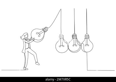 Dessin animé de la femme d'affaires gestionnaire tirer une ampoule lumineuse comme pendule pour transférer des connaissances. Style de dessin au trait continu Illustration de Vecteur