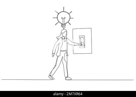 Dessin animé d'une femme d'affaires qui active le commutateur pour allumer la lampe d'ampoule sur sa tête concept d'inspiration. Style de dessin au trait continu Illustration de Vecteur