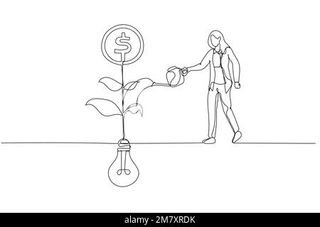 Dessin animé de femme d'affaires arroser sur l'argent croissant pièce plante de plantule de l'idée de lampe métaphore de monétize idée. Style de dessin au trait continu unique Illustration de Vecteur