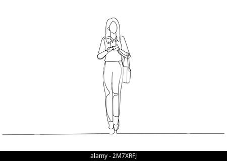 Dessin animé de la jeune femme d'affaires asiatique utilise un smartphone lors de ses déplacements en ville. Un style de dessin au trait continu Illustration de Vecteur