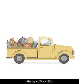 Illustration d'un camion jaune ou d'un pick-up avec de mignons citrouilles dans le coffre pour le festival de la récolte d'automne Illustration de Vecteur