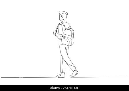 Illustration de la vue arrière de l'étudiant de l'université de marche avec le sac sur son épaule. Style art sur une seule ligne Illustration de Vecteur