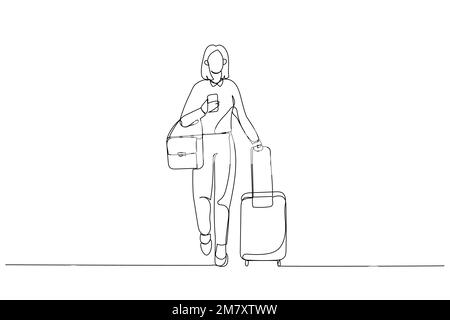 Illustration d'une femme d'affaires avec une valise à bagages prête pour un voyage d'affaires. Illustration de ligne continue unique Illustration de Vecteur