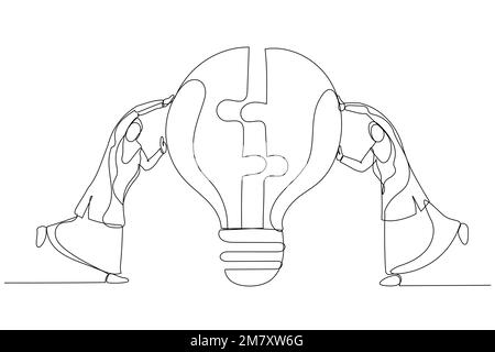 Dessin d'une femme d'affaires musulmane membre de l'équipe partenaire connecter l'ampoule puzzle puzzle puzzle ensemble. Travail d'équipe ou partenariat. Une seule ligne continue art sty Illustration de Vecteur