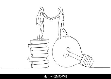 Dessin animé d'une femme d'affaires debout sur une lampe d'idée d'ampoule qui se secoue les mains. Idées de pitching. Dessin au trait continu Illustration de Vecteur