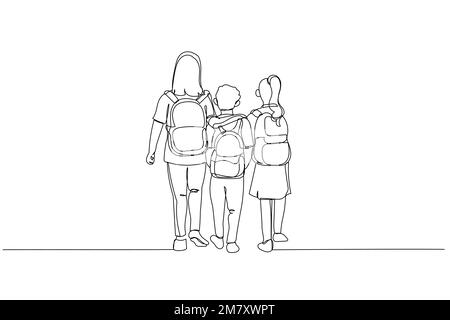 Dessin animé des filles de l'école primaire en vêtements décontractés de marche traverser une suspension simple. Un style d'art sur une ligne Illustration de Vecteur