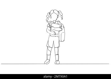 Illustration de la petite fille va à l'école pour la première fois avec un sac d'école et un livre. Style art sur une seule ligne Illustration de Vecteur