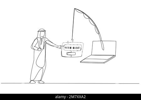 Dessin d'homme d'affaires arabe avec la carte de crédit presque obtenir scandmed par soumettre le mot de passe concept de phishing. Design unique de style art continu Illustration de Vecteur