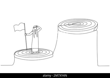 Dessin d'un homme arabe monter l'échelle pour atteindre l'objectif et à la recherche de la prochaine étape plus grande. Design de style art continu Illustration de Vecteur
